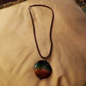2/16 Green and brown stone on leather necklace